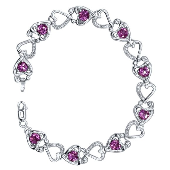 6.75 Ct Pink Topaz 925 Sterling Silver Mother-Child Heart-Shape Linked Bracelet - Picture 1 of 4